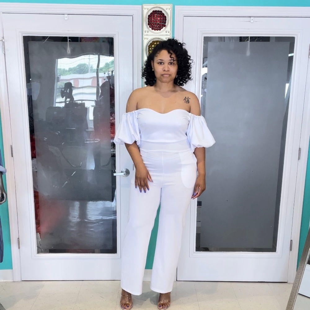 Off the shoulder white jumpsuit